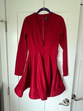 Windsor Red Fit & Flare Dress Deep V-Neck Long Sleeve Holiday Mini M